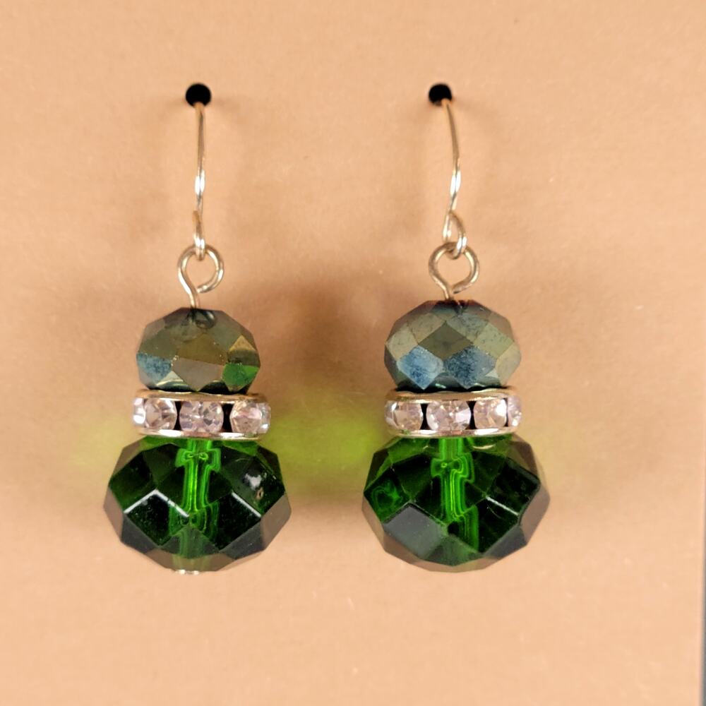 Green Faceted Crystal Beaded Dangle Earrings Rhinestone Spacer Gold Tone NWT